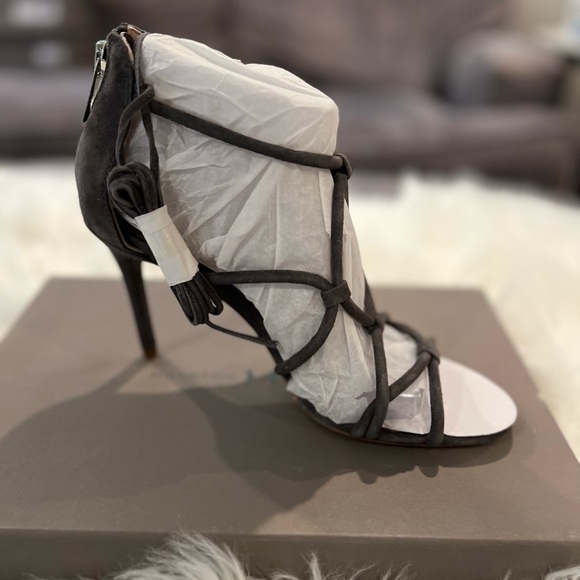 NWT. Halston Heritage Brielle Grey Kid Suede Caged Ankle Tie Stilleto Sandal. - Picture 8 of 8